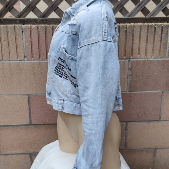 Cropped Powder Blue Denim Jean Jacket / "Happy Times"  Quang Phat Denim Size S - Picture 5 of 9